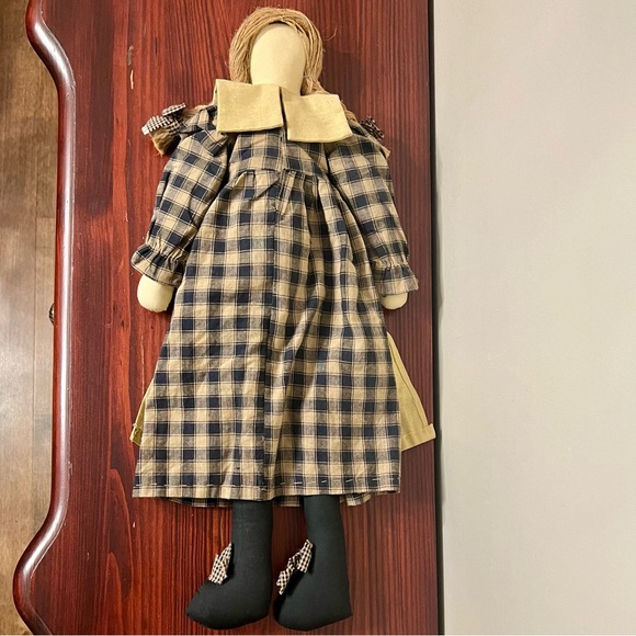VTG Country Rustic Fabric Doll Shelf Sitter Gingham Dress Apron Primitive 23” - Picture 4 of 5
